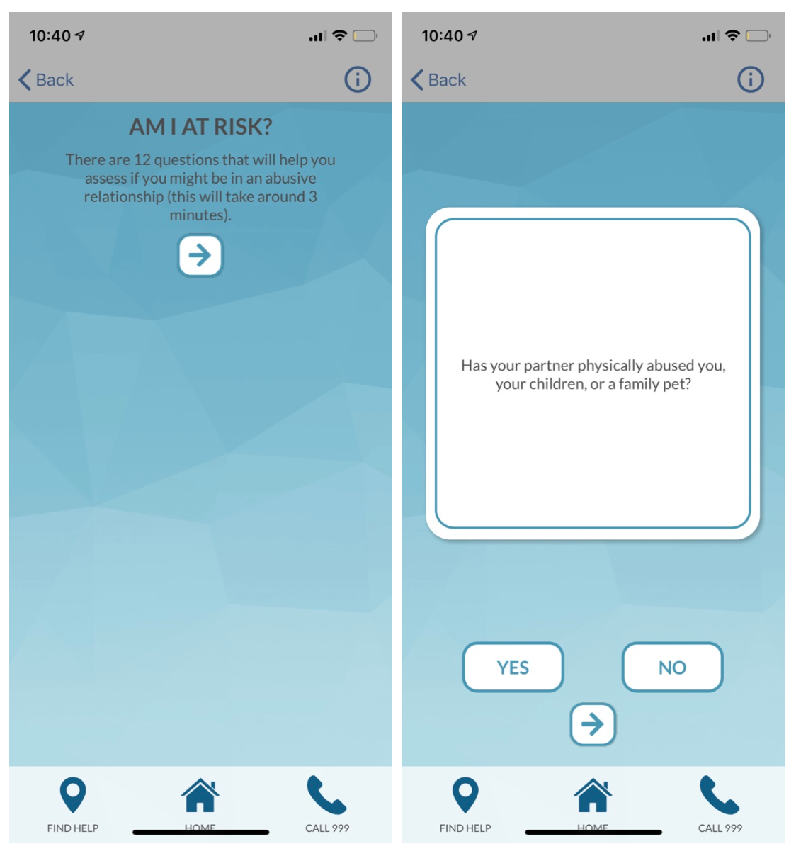 2 screenshots of the old app. The first screenshot has a question asking "Am I at Risk?" and the second screenshot shows another question. It asks "Has your partner physically abused you, your children, or a family pet?"