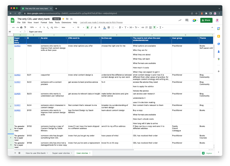 A screenshot of the CDL user story bank