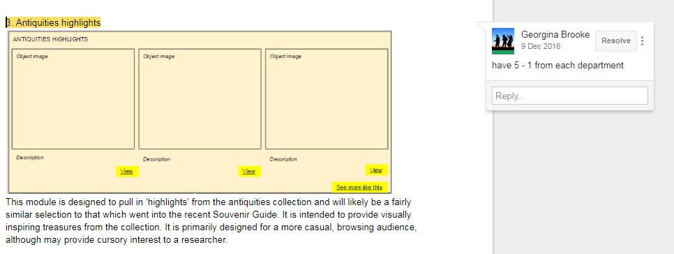 A screenshot of the Antiquities highlights working document. 